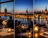 En fin restaurang i Stockholm med fantastisk utsikt över stadens silhuett vid skymningen. Bord med levande ljus och vin.