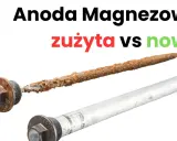 Zużyta, skorodowana anoda magnezowa w bojlerze obok nowej, lśniącej.