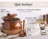 La cocina de barro incluye olla, tapa, cuchara de madera para tus guisos y QR con recetas.