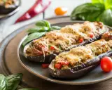 Berenjenas rellenas de atún, gratinadas con queso y decoradas con albahaca y tomate. Un plato delicioso y fácil de preparar.