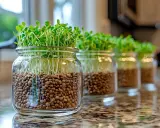 Des lentilles en germination dans des bocaux en verre, montrant comment pousse les lentilles avec leurs racines blanches et leurs jeunes pousses vertes.