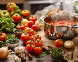 Une marmite de sauce tomate maison mijote, entourée de tomates fraîches, d'oignons et d'herbes.