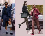 Stylish women showcase how to wear loafers in winter with chic outfits: a navy skirt suit, a black blazer with tights, and a burgundy jacket with brown trousers.