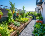 Un potager vertical permaculture luxuriant sur un balcon, avec des légumes verts, des fleurs colorées et des herbes aromatiques dans des bacs en bois.