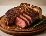 En perfekt tillagad bistecca alla fiorentina, saftig och rosa inuti, med en härlig yta, serverad på en träbricka med rosmarin.