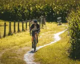 Ein Mann fährt mit seinem Rennrad auf einem Feldweg im Schwarzwald, umgeben von Maisfeldern und Sonnenschein.