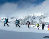 Grupa ludzi na skitouringu wspina się po ośnieżonych zboczach gór. To właśnie skitouring co to za aktywność!
