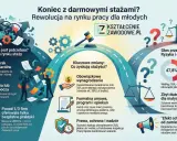 Ilustracja przedstawia schematycznie rynek staży, z elementami prawnymi i statystykami.