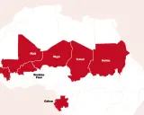 Karta över Afrika med röda områden som markerar länder som Mali, Niger, Tchad, Sudan, Guinea, Burkina Faso och Gabon. Dessa länder kan vara bland de varmaste i världen.