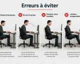 Conseils pour un aménagement des locaux de travail ergonomique : posture correcte, écran à hauteur des yeux, dos soutenu et pieds au sol.