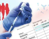 Blåklädd hand drar vaccin i spruta. Röd familjesiluett och diagram över vaccinationsåldrar. Kanske en resa till Turkiet för vaccin?