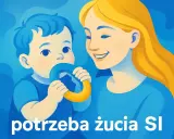 Uśmiechnięta mama patrzy na swojego malucha, który z radością gryzie niebiesko-żółtą zabawkę. Dziecko gryzie ubrania, odkrywając świat.