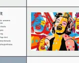 Marilyn Monroe in leuchtenden Farben, ein Beispiel für Pop-Art-Techniken. Mehrere Gesichter, kräftige Konturen, Punkte und geometrische Formen.