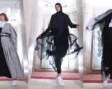 Three Saudi Arabian models showcase avant-garde fashion with flowing fabrics and bold silhouettes.