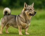 Un spitz des Wisigoths, au pelage gris et fauve, se tient fièrement sur l'herbe verte, la queue enroulée.