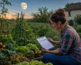Une jardinière consulte un calendrier lunaire, planifiant ses semis. La pleine lune brille au-dessus d'un potager luxuriant, tomates et salades promettent une belle récolte.