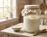 Ein Glas mit Kefir und eine kleine Schale mit Kefir-Körnern, die an Quark erinnern, stehen auf einem Holztisch.