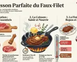 Illustration montrant les étapes pour une cuisson parfaite du faux-filet : préparation, saisie à feu vif, arrosage au beurre et à l'ail, puis repos et sauce.