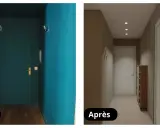 Avant/Après : un couloir étroit et sombre transformé en espace lumineux et moderne avec des étagères et un nouveau revêtement mural.