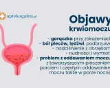 Objawy krwiomoczu: gorączka, ból pleców, nadciśnienie, nudności, wymioty, problem z oddawaniem moczu. Uszkodzenie cewki moczowej objawy mogą być podobne.