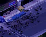 Scena z Project Zomboid: mnóstwo ciał na ulicy, samochody, budynki "Electron House" i "Sugafruit Circus". Wymagania gry są niskie, ale apokalipsa zombie wysoka.