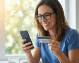 Mujer sonríe mientras usa su móvil y tarjeta para activar tarjeta BBVA.