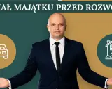 Mężczyzna w garniturze prezentuje podział majątku przed rozwodem: samochód i dom.