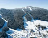 Widok z lotu ptaka na czarna góra resort, ośrodek górski z trasami narciarskimi wśród ośnieżonych lasów i budynkami u podnóża góry.