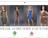 Four women showcase formal cocktail attire: sequined black, tiger-print strapless, blue satin halter, and leopard-print sheath dresses.
