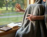 Osoba owinięta kocem trzyma kamień z cyfrą 30, zastanawiając się, ile trwa terapia uzależnień.