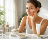 Une femme applique une crème solaire SPF 50. La question est : crème solaire avant ou après crème de jour ?