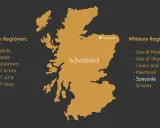 Karte Schottlands mit markierten Whiskey Regionen. Speyside ist hervorgehoben.