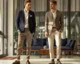 Two men showcase stylish sport coat color combinations. One wears a navy blazer with tan pants, the other a brown patterned blazer with cream trousers.