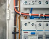 Nowoczesna instalacja elektryczna bezpuszkowa z uporządkowanymi przewodami w skrzynce rozdzielczej.