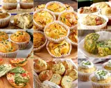 Muffin salati morbidissimi con piselli, zucchine, pomodoro e spinaci. Alcuni con formaggio e pinoli, altri con panna e erba cipollina.
