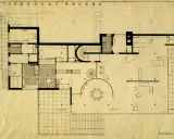 Pianta del piano terra della casa Tugendhat, con dettagli di stanze, scale e arredi.