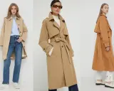 Trzy kobiety prezentują różne modele trenczy – klasyczny beżowy, elegancki camelowy i brązowy.