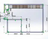 Rysunek techniczny z wymiarami, przedstawiający konstrukcję z elementami meblowymi. Widoczna jest nieprzekraczalna linia zabudowy, określająca granice projektu.