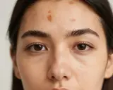 Gros plan sur le front d'une jeune femme, montrant plusieurs taches de soleil, des marques laissées par le soleil.