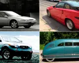 Colección de coches raros: un Subaru SVX plateado, un Alfa Romeo SZ rojo, un Isuzu VehiCROSS y un vehículo futurista azul verdoso.