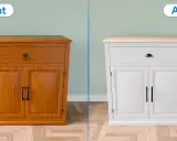 Avant/Après : un meuble en bois vernis transformé en blanc. Découvrez comment repeindre un meuble pour un relooking complet.