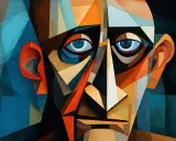 Ansikte i Picasso kubism, fragmenterat i geometriska former och starka färger.