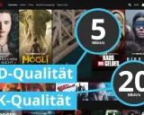 Netflix-Oberfläche mit Filmpostern. Kreise zeigen 5 Mbit/s für HD und 20 Mbit/s für 4K, was auf normale Netzgeschwindigkeit für Streaming hinweist.
