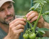 Un jardinier examine une jeune pousse de tomate, s'assurant de la bonne croissance de cette variete de tomate.