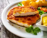 Pyszny kotlet po parysku, chrupiący i złocisty, podany z ziemniaczkami, sałatką i musztardą.
