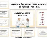 Ilustracja przedstawia mediację: mediator pomaga dwóm osobom w rozwiązaniu konfliktu. Pytania zadawane przez mediatora pomagają w dialogu.