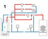 Schemat instalacji z kotłem olejowym i kotłem z podajnikiem. Widoczna cyrkulacja c.w.u. dwa obiegi.