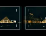 Scatti notturni del Louvre: a sinistra messa a fuoco manuale su più punti, a destra automatica sulla piramide.