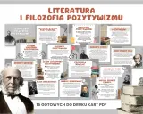 Ilustracja przedstawia karty pracy o pozytywizmie, ukazując jego główne założenia, cechy literatury i wielkich pisarzy. W tle widać portrety pisarzy, książki i pióra, symbolizujące epokę, w której dominował patriarchat.
