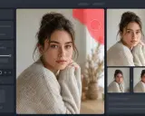 Interfaccia di editing foto con ritratto femminile. Il **filigrana significato fotografia** è la sua essenza, catturata in un'espressione serena.